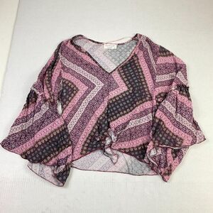 Lavender Field Womens Tie Front Top Floral Deep V-Neck Flared 3/4 Sleeve Medium